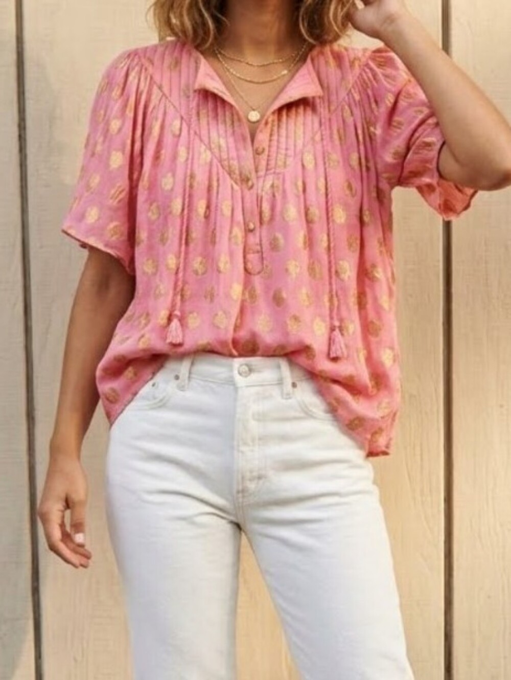 Cecilie Copenhagen Jacquard Metallic Top Small Pink Gold Floral Quilted Luxury